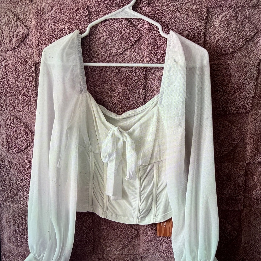 White Sheer Sleeve Corset Style Top – Size Large